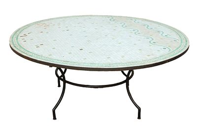A LARGE MOSAIC TILE TOP TABLE RAISED ON IRON BASE. A large mosaic tile top table raised on iron 