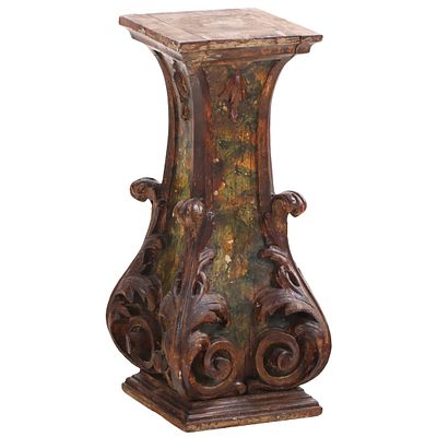 A BAROQUE STYLE CARVED AND PAINTED WOOD DISPLAY PEDESTAL OR PLANT STAND C. 1900. A Baroque 