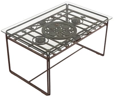 A FRENCH CAST IRON BALCONY PANEL C 1900 CONVERTED INTO A GLASS TOP TABLE. A French cast iron 