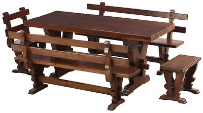 FIVE PIECE BRAZILIAN SLAB TOP TABLE AND BENCH SET MADE FROM AN EXOTIC DENSE WOOD C 1960. Five 