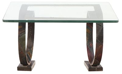 IRON AND GLASS TOP TABLE IN THE MANNER OF PAUL EVANS. Iron and glass top table in the manner of 