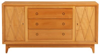 FRENCH SYCAMORE SIDEBOARD HAVING X DESIGN, TWO DOORS AND FOUR DRAWERS ATTRIBUTED TO JEAN ROYERE C. 