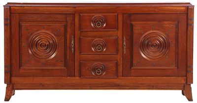 FRENCH TWO DOOR OAK SIDEBOARD IN THE MANNER OF DUDOUYT HAVING CIRCULAR AND METAL STUD DECORATION. 