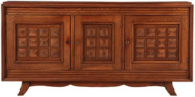 FRENCH OAK THREE DOOR SIDEBOARD WITH GEOMETRIC MOTIFS IN THE MANNER OF DUDOUYT C 1940. French 