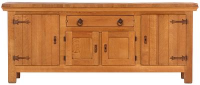 QUALITY SOLID OAK BRUTALIST STYLE SIDEBOARD HAVING IRON STRAP HINGES C 1960. Quality solid oak 