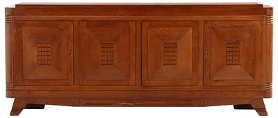 LARGE FRENCH FOUR DOOR OAK SIDEBOARD WITH GEOMETRIC MOTIFS IN THE MANNER OF CHARLES DUDOUYT. Larg 