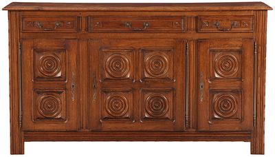 FRENCH OAK SIDEBOARD WITH CIRCULAR DESIGN IN THE MANNER OF CHARLES DUDOUYT C 1940. French oak 