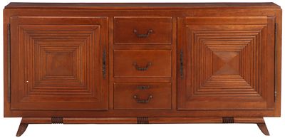 FRENCH MAHOGANY SIDEBOARD HAVING TWO DOORS WITH RADIATING SQUARES C 1940. French mahogany 