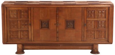 FRENCH MAHOGANY SIDEBOARD HAVING GEOMETRIC MOTIFS AND RESTING ON ROUND FEET C 1945. French 