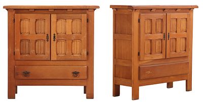 PAIR OF FRENCH BRUTALIST STYLE TWO DOOR BAR CABINETS C 1960. ONE CABINET DEEPER THEN THE OTHER. P 