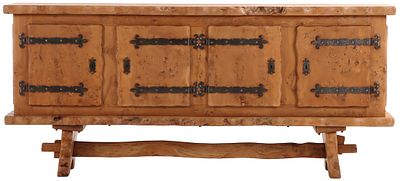 HEAVY FRENCH BURLED ELM SIDEBOARD MADE FROM VERY THICK SOLID PLANKS AND HAVING A FREE EDGE TOP C. 