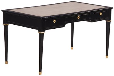 EBONIZED MAHOGANY LEATHER TOP PARTNERS WRITING DESK IN THE MANNER OF ANDRE ARBUS HAVING BRONZE. E 