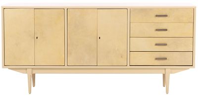 LACQUERED SIDEBOARD HAVING A FACE COVERED IN PARCHMENT C 1960. Lacquered sideboard having a 