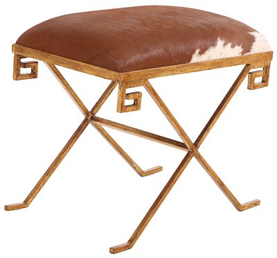 A GILT IRON AND COWHIDE BENCH WITH GREEK KEY DESIGN IN THE MANNER OF JEAN-MICHEL FRANK. A gilt 