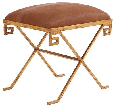 A GILT IRON AND COWHIDE BENCH WITH GREEK KEY DESIGN IN THE MANNER OF JEAN-MICHEL FRANK. A gilt 