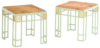 PAIR OF PAINTED MARBLE AND IRON END TABLES IN THE MANNER OF JAMES MONT. Pair of painted marble 