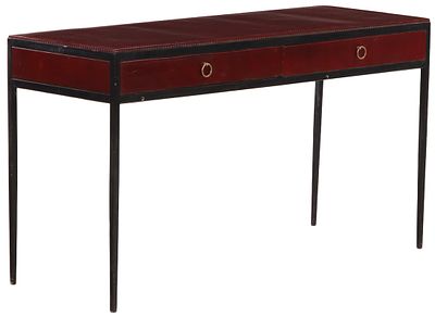 A IRON TWO DRAWER DESK IN THE STYLE OF JEAN-MICHEL FRANK HAVING STITCHED LEATHER CASE. A iron 