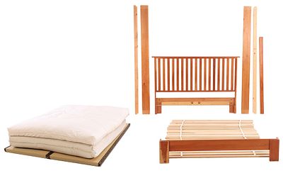 A JAPANESE TATAMI PLATFORM QUEEN BED WITH SLATTED HEADBOARD, NO HARDWARE. A Japanese Tatami 