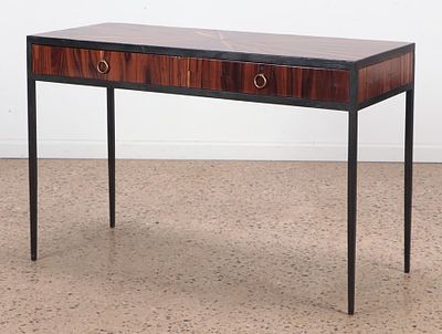 A ROSEWOOD AND IRON TWO DRAWER DESK IN THE STYLE OF JEAN-MICHEL FRANK HAVING RADIAL DESIGN TOP. 