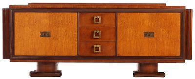 FOUR DOOR BIRDSEYE MAPLE AND MAHOGANY ART DECO SIDEBOARD RESTING ON INVERTED CAPITALS C 1935. Fo 