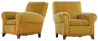 PAIR OF FRENCH UPHOLSTERED ART DECO CLUB CHAIRS C 1940. Pair of French upholstered Art Deco 