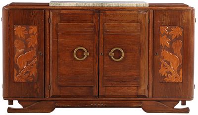 FRENCH OAK MARBLE TOP SIDEBOARD HAVING CARVED SQUIRRELS C 1940. French oak marble top sideboard 