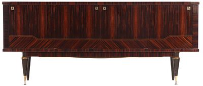 FRENCH ART DECO EBONY MACASSAR SIDEBOARD C 1955 HAVING A SYCAMORE INTERIOR. French Art Deco 