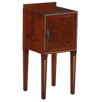 FRENCH ART DECO BURL WALNUT NIGHT STAND HAVING SILVER LEAF FISH SCALE DETAILS. French Art Deco 