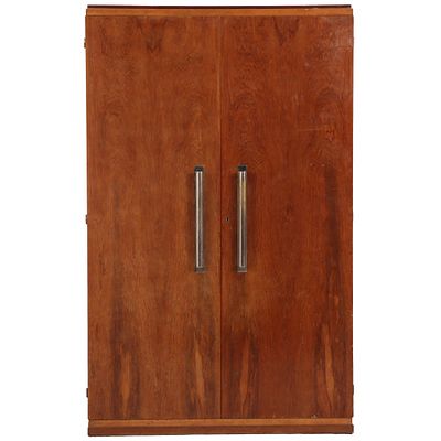 FRENCH ART DECO TWO DOOR CABINET HAVING CHROME HANDLES AND ADJUSTABLE SHELVING C 1940. French 