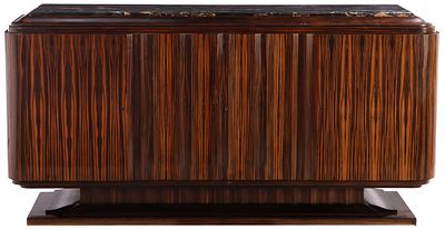 FRENCH ART DECO MACASSAR SIDEBOARD HAVING A BLACK AND GOLD MARBLE TOP C 1935. French Art Deco 