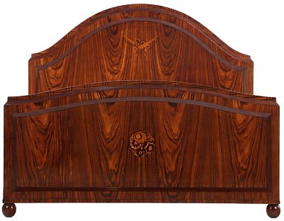 UNUSUAL FRENCH EBONY MACASSAR AND INLAID ART DECO BED C 1930. Unusual French ebony macassar and 