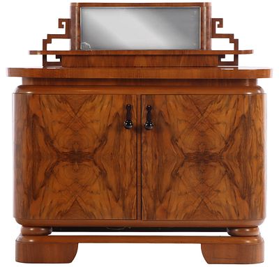 FIGURED WALNUT ART DECO TWO DOOR SERVER WITH MIRRORED BACK SPLASH C 1940. Figured walnut Art 