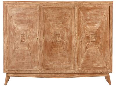 THREE DOOR CERUSED MAHOGANY CABINET HAVING STYLIZED GAZELLES IN EACH DOOR AND ADJUSTABLE SHELVES. 