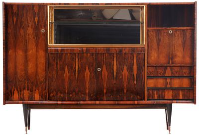 EBONY MACASSAR BAR CABINET C 1950 HAVING A CENTRAL OPEN STORAGE FLANKED BY A FALL FRONT MIRRORED BAR