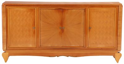 FRENCH FOUR DOOR SIDEBOARD IN THE MANNER OF ANDRE ARBUS HAVING CENTRAL SUNBURST PATTERN C 1950. 