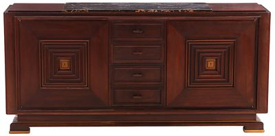 FRENCH MAHOGANY AND BRONZE MARBLE TOP SIDEBOARD ATTRIBUTED TO MAXIME OLD C 1940. SEE BRONZE. Fren 