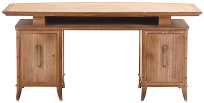 FRENCH CERUSED OAK DESK IN THE MANNER OF JACQUES ADNET C 1940 HAVING TWIST WOOD HANDLES TO SIMULATE