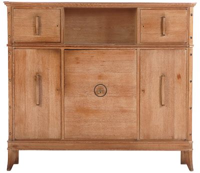 FRENCH CERUSED OAK OFFICE CABINET IN THE MANNER OF JACQUES ADNET C 1940 HAVING TWIST WOOD HANDLES TO