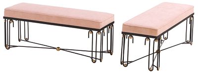 48" PAIR OF PAINTED IRON AND BRASS ART DECO STYLE UPHOLSTERED BENCHES IN THE MANNER OF JEAN ROYERE.