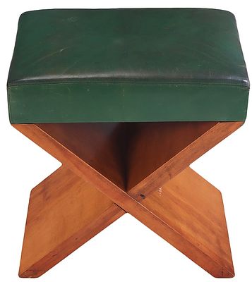 FRENCH WOOD AND UPHOLSTERED STOOL C 1945 IN THE MANNER OF JEAN-MICHEL FRANK. French wood and 