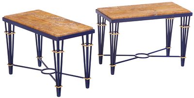 PAIR OF PAINTED IRON AND BRASS MARBLE TOP END TABLES HAVING RETICULATED TAPERED LEGS. Pair of 