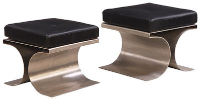 PAIR OF STAINLESS STEEL STOOLS DESIGNED BY MICHEL BOYER HAVING LOOSE LEATHER CUSHIONS. Pair of 