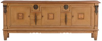 FRENCH OAK SIDEBOARD IN THE MANNER OF CHARLES MOREAUX HAVING VERY WELL CAST FIGURAL BRONZE. Frenc 
