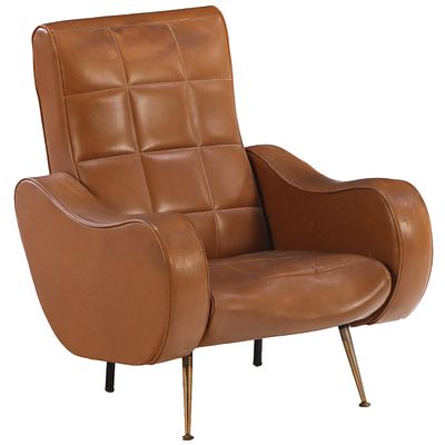 FRENCH UPHOLSTERED LOUNGE CHAIR IN BRASS LEGS C 1955. French upholstered lounge chair in brass 