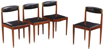 FOUR WOOD, BRASS AND LEATHER SIDE CHAIRS C 1955. FOUND ENSUITE WITH PREVIOUS LOT. Four wood 