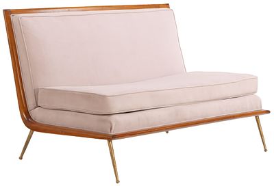 MAHOGANY AND BRASS UPHOLSTERED SETTEE WITH LOOSE CUSHION IN THE MANNER OF ROBSJOHN-GIBBINGS,. Mah 