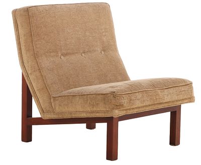 WOOD AND UPHOLSTERED SLIPPER CHAIR ATTRIBUTED TO FLORENCE KNOLL C 1960 WITH NEW FABRIC. Wood 