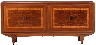 FRENCH WALNUT SIDEBOARD HAVING DOORS WITH BURL WALNUT PANELS BANDED WITH BURL OLIVE WOOD C 1955. 