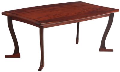 A STUDIO MADE FLAME MAHOGANY DINING TABLE HAVING SERPENTINE LEGS RESTING ON ELONGATED OUTWARDLY. 
