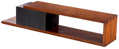 CONTEMPORARY TEAK AND MARBLE COFFEE TABLE OR BENCH HAVING EXPOSED DOVETAILS. MARBLE CAN BE PLACED IN